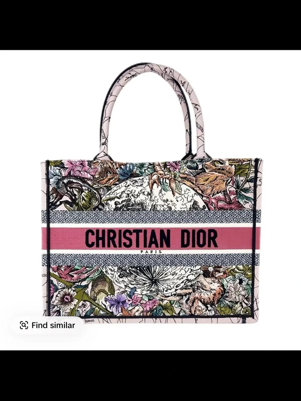 Dior Floral Canvas Tote with Pink Logo Band